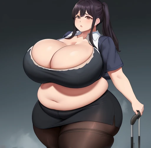 (Huge cleavage:1.5)，Black ripped pantyhose，overweight obese body（3.9），Abdominal obesity，abdominal sagging，（Belly Obesity 5.6），The clothes were tattered，Abdominal obesity，bbw、 Plump curves、Soft and round，Severe fat accumulation，Difficulty in action，squatt，Severe accumulation of crude fat in thighs，hugs