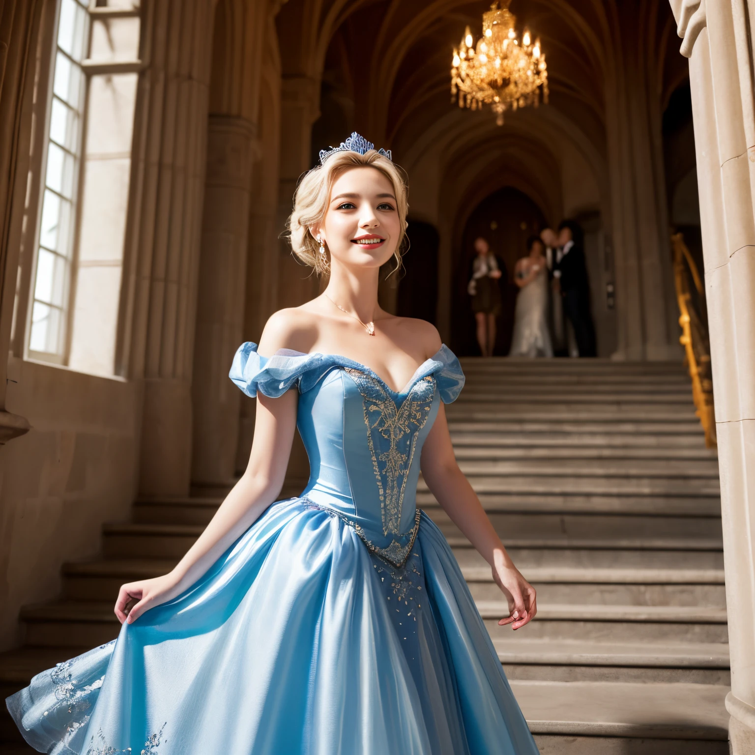 (top-quality、masutepiece、8K、Top image quality))、(1 photo:1.3)、one cinderella、(Photographing Cinderella:1.5)、(Cinderella's detailed face:1.3)、Perfectly recreate the classic Cinderella worldview、The most luxurious princess dresses、Inside one of medieval Germany's most gorgeous castles、go down the huge stairs、Detailed and intricate castle interior、Detailed and intricate depiction、Upper body photo、Look at me and smile、accurate anatomy