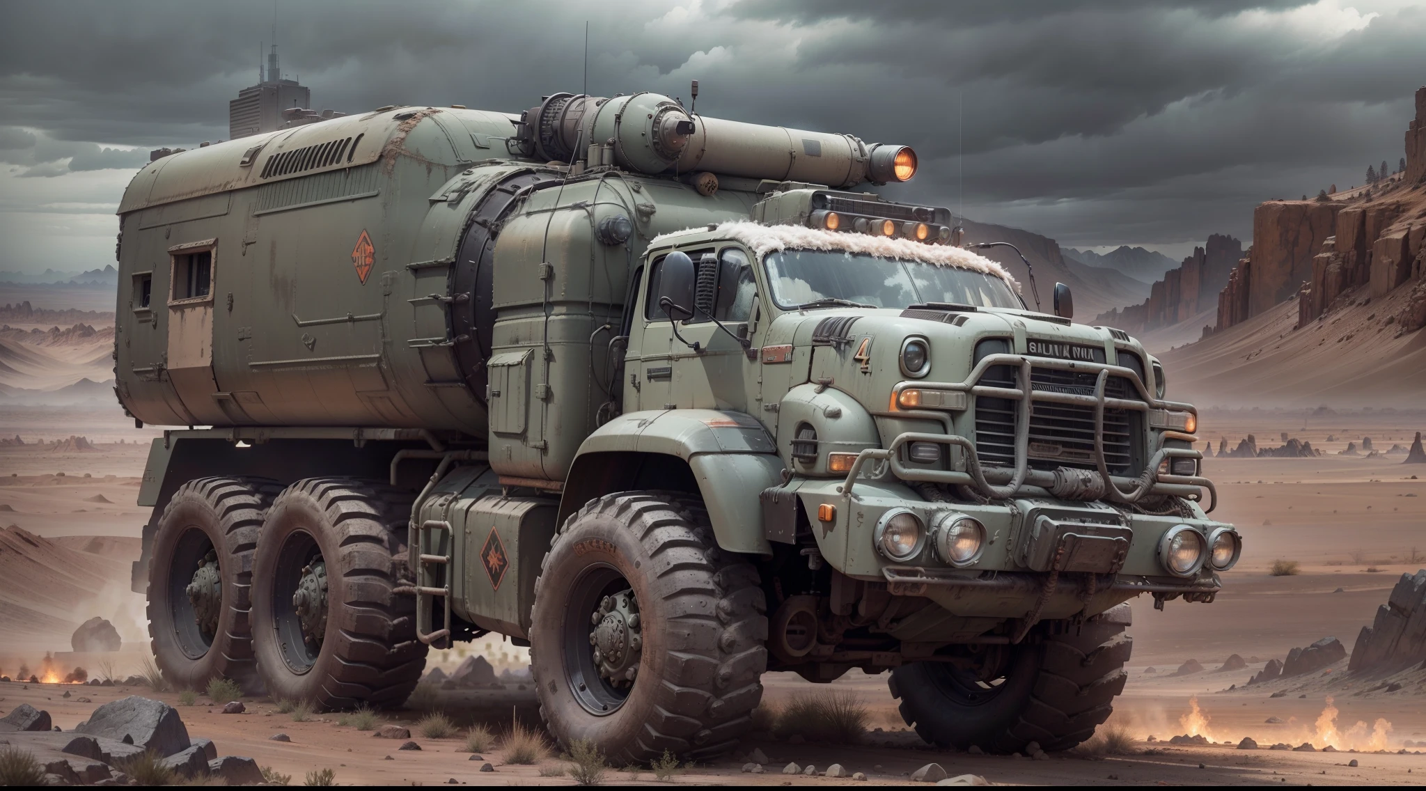 "Ural-4320, Sci-fi post-apocalyptic truck, modulated by life support module, surrounded by a gray desert, Full-face view, future, Sateen, Storm High Quality Ultra Detailed Brutal "