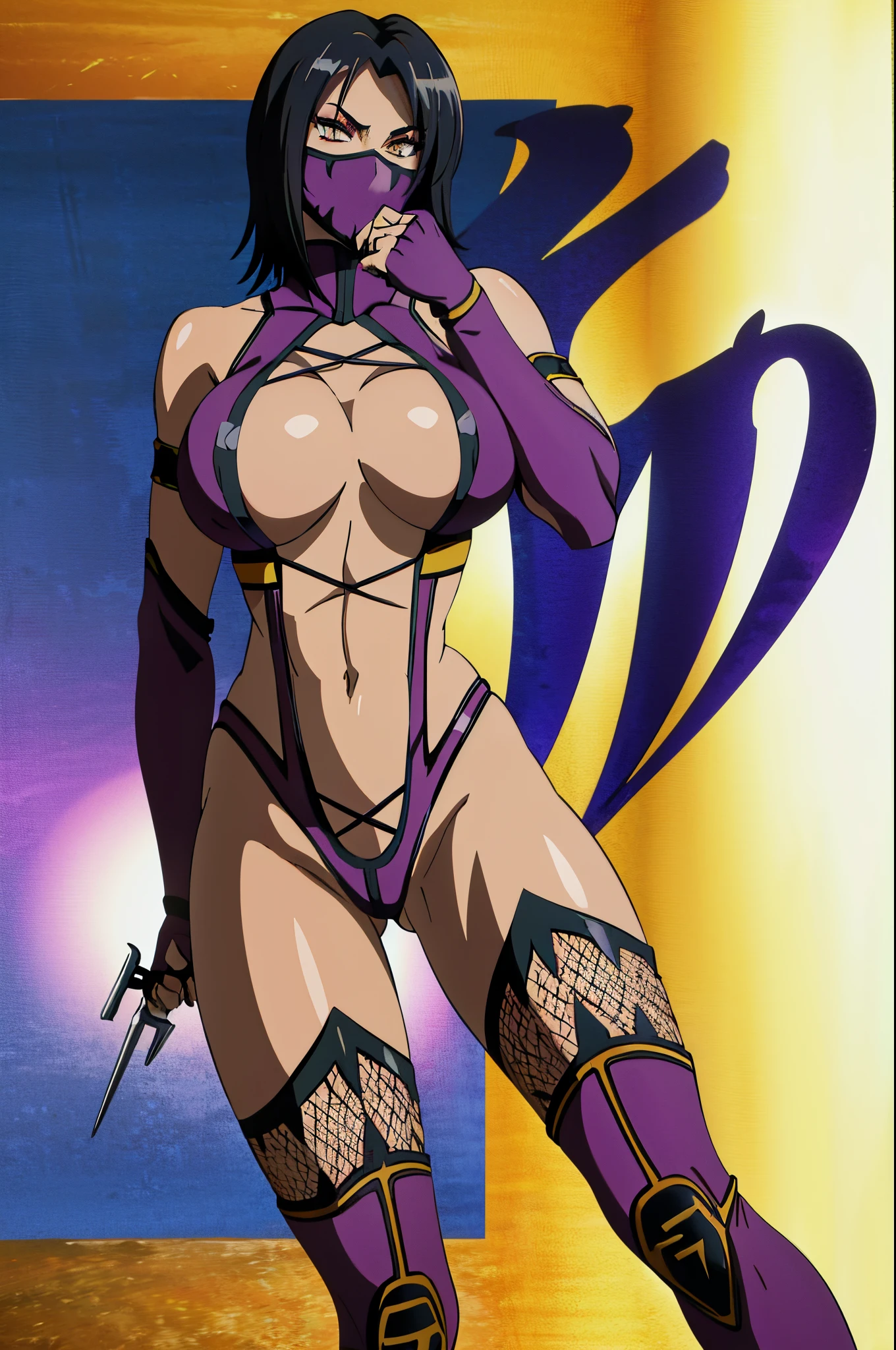 (masterpiece:1.4),(best quality:1.4),(absurdres:1.4),pin-up, masked_mileena_aiwaifu, masked_mileena_aiwaifu,black_hair,gloves,large_breasts,mask,navel,mouth_mask,makeup,abs,thighs,center_opening,dark_skin,short_hair, ((huge breasts: 1.4)),kunai,straight_hair,shinny hair,thighhighs,fingerless_gloves,cleavage,fishnets,ninja,ninja_mask,elbow_gloves, upper body, covered_mouth,bare_shoulders,fishnet_legwear,weapon,purple_leotard,leotard,purple_gloves,purple_legwear,armband,armlet,bodysuit,jewelry,purple_footwear,revealing_clothes,dual_wielding, (absurdres, highres, incredibly_absurdres:1.4),scenery,masterpiece,