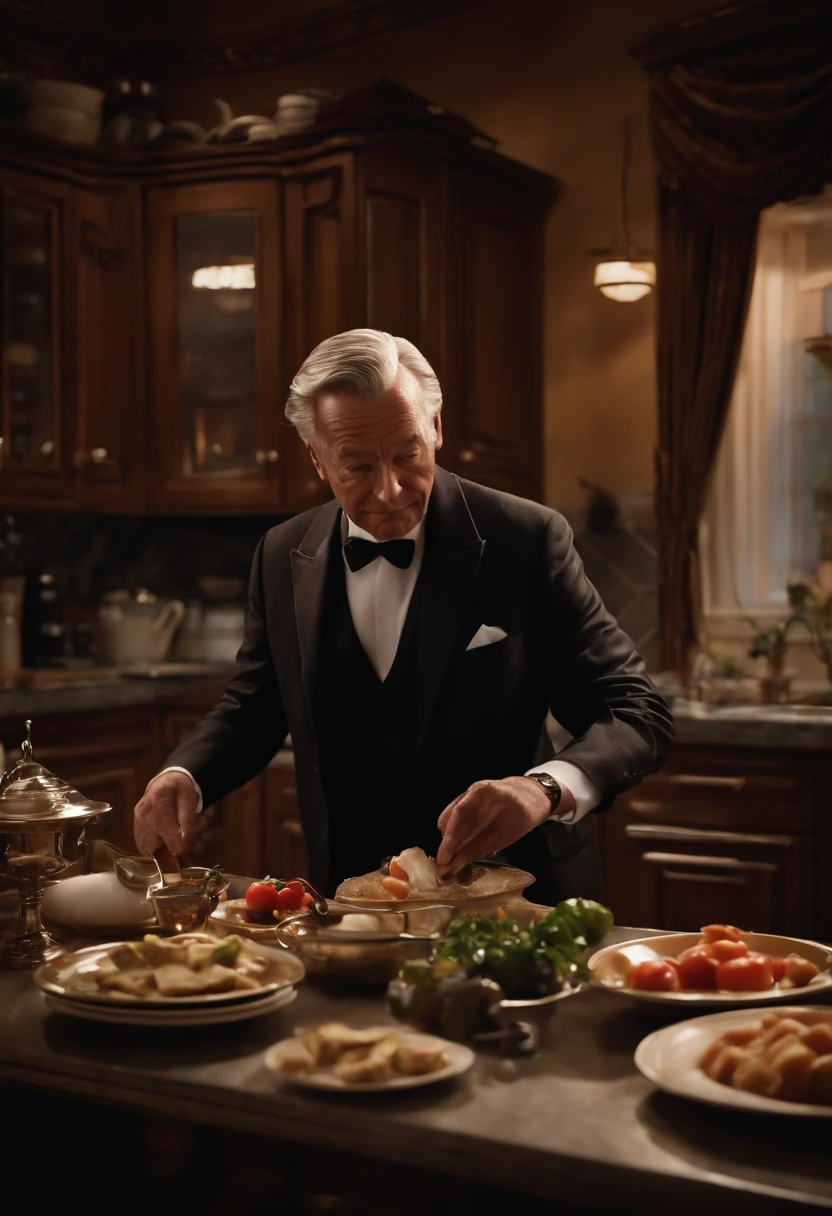 An image of Alfred preparing a gourmet meal in the Wayne Manor kitchen.,Batman,Alfred is 60 years old man, very fit, trimmed hair, wearing suit and bow tie and dress shoes. He’s always shaved with salt pepper hair , male