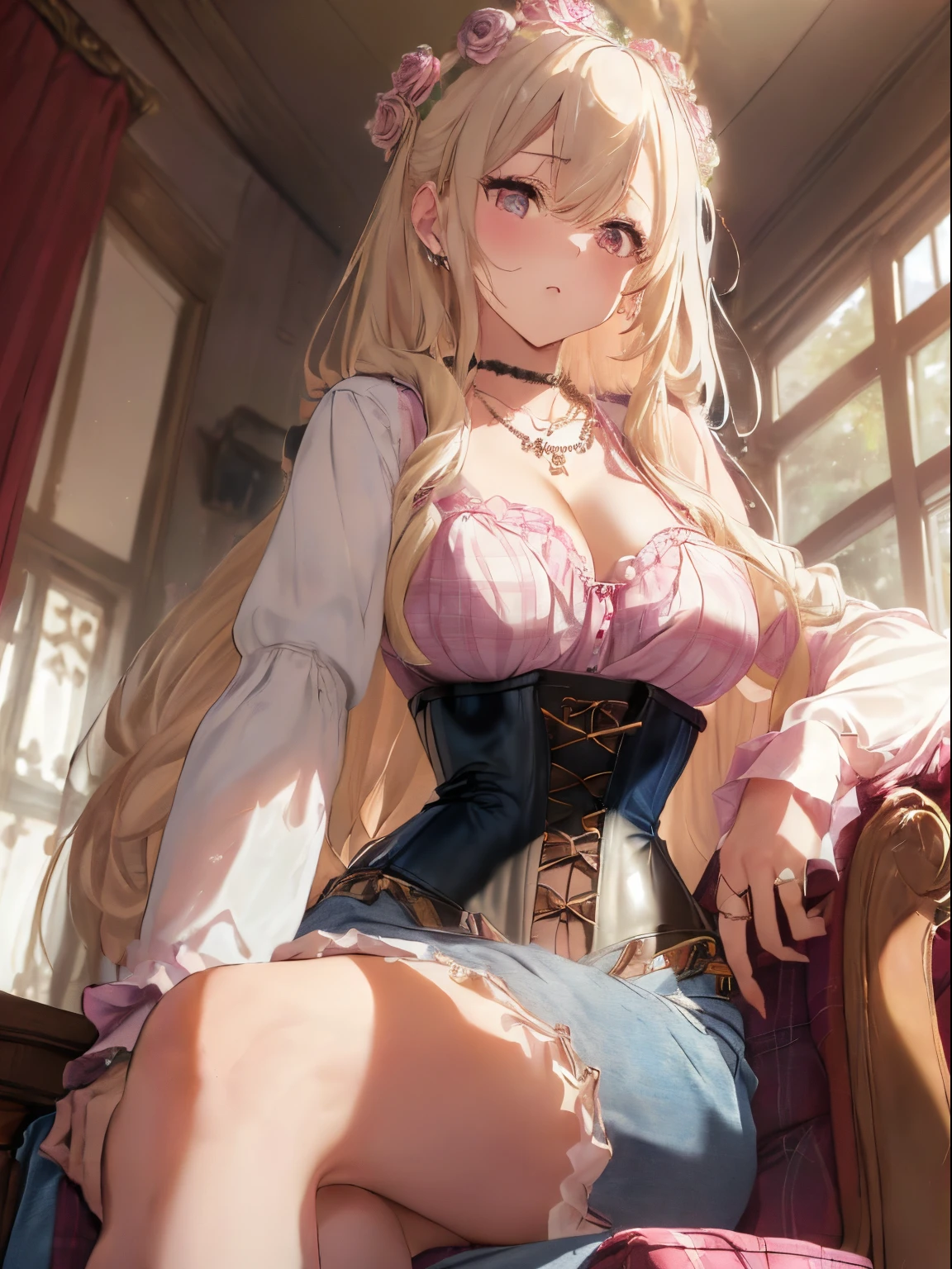 ((Light blonde hair)),((Super long curly hair)),(balloon sleeve long sleeve clothing),(plaid long sleeve tops),((black long vest),((denim type corset)),((Feeling of fatigue and weakness)),((Perspective from below)),Slight red tide,((wearing bold clothes and sitting on a chair)),(Reading)),((A room covered in pink and white roses)),(()),((Cleavage that looks modest)),((Collars and necklaces decorated with roses)),,((Take your eyes off)),