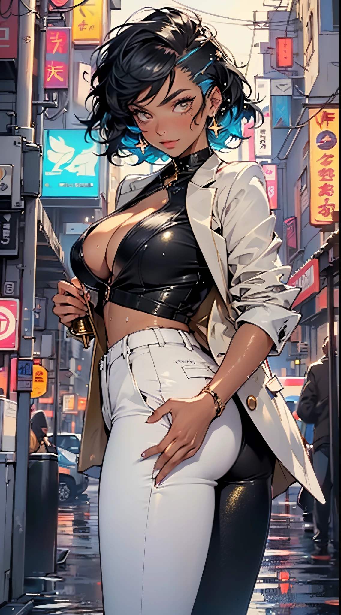 girl,((((black race)))),((beautiful girl)),
(large breasts:1.4),saggy breasts,(((black hair:1.4,hi-top fade Haircut:1.4,hi-top fade:1.3,Mohawk))),(((golden_eyes:1.3))),intricate eyes,beautiful detailed eyes,symmetrical eyes,((fat)),(((an,dark skin,black skin:1.35,dark-skinned_female,dark skin:1.3,ebony skin,lustrous skin:1.5,bright skin: 1.5,shiny skin,very shiny skin,shiny body,illuminated skin,wet legs))),(spider lower abdomen,narrow waist,wide hip,imbo body,inflated legs,detailed body,(detailed face)),
cute,slutty,seductive,erotic,(((nsfw))),evil woman, villain, ambitious look,
(((golden formal blazer,black formal pants,))),(((huge cleavage,deep neckline,cleavage))),((wet clothes,intricate outfit,intricate clothes)),
(dynamic pose:1.0),solo focus,((smug)),(centered,scale to fit dimensions,Rule of thirds),
cyberpunk city by the ocean at night, with bright neon signs and dark stormy clouds and puddles, scenery:1.25,nighttime, starry night, cosmos,Very dark night that makes the neon lights stand out, very bright neon lights,nighttime, starry night, cosmos,
highres, sharp focus, (ultra detailed, extremely detailed), (photorealistic artwork:1.37),(extremely detailed CG unity 8k wallpaper),((synthwave background theme)),(((vibrant colors))),(intricate background),(masterpiece),(best quality),