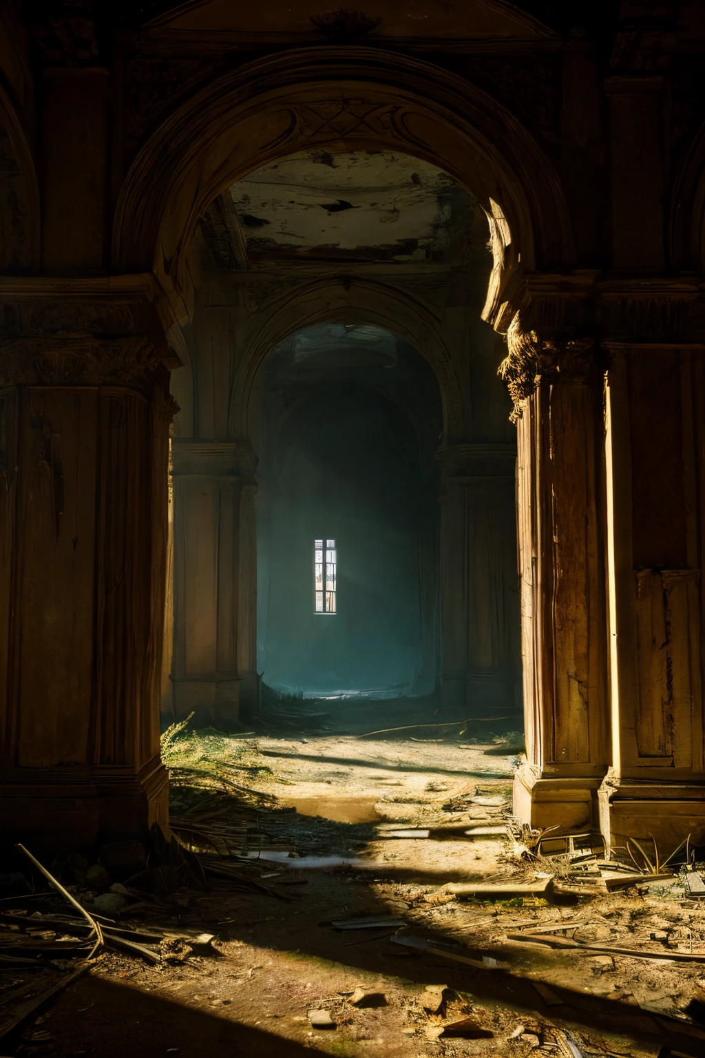 "Please draw a dimly lit ruined structure of Western architecture. Capture the atmosphere of the abandoned setting with faintly leaking light through windows, damaged walls, and overgrown vegetation. Be mindful of color selection and lighting effects to evoke the somber and mysterious ambiance. Let's create a piece that exudes both dimness and intrigue."