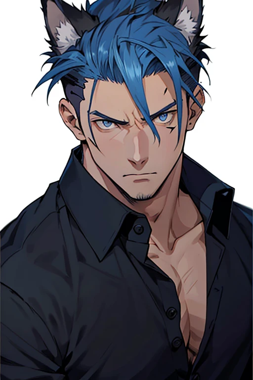 detailed anime character art, artistic anime illustration of a young man, tall, muscular and broad shouldered, he has dog ears, he has a spiky undercut, his hair colour is navy, his eyes are ice blue, he is wearing a black dress shirt that is unbuttoned, he has a scar across his right eye, he has a fierce expression