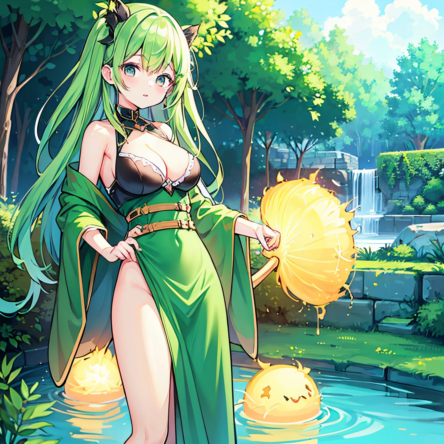 Can you make a waifu with green hair and big assets and no full clothes?