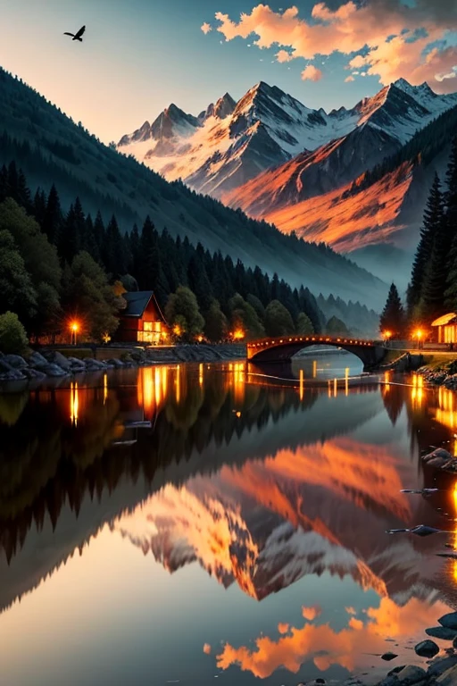 Create an image of a sunset in the mountains, a truly spectacular sight. Picture the sky painted in shades of orange, pink, and purple, reflecting in the calm waters of the river. The surrounding mountains, covered in lush vegetation, are bathed in a gentle golden light.

The air is filled with the sound of birds returning to their nests and the whisper of leaves swaying gently in the breeze. The river, a liquid mirror, reflects the beauty of the sky and mountains, creating a breathtaking landscape.

As the sun sets, the lights of nearby villages begin to twinkle, adding a touch of magic to the scene. It's a moment of tranquility and beauty, a reminder of the majesty of nature. It's a sunset you will never forget.