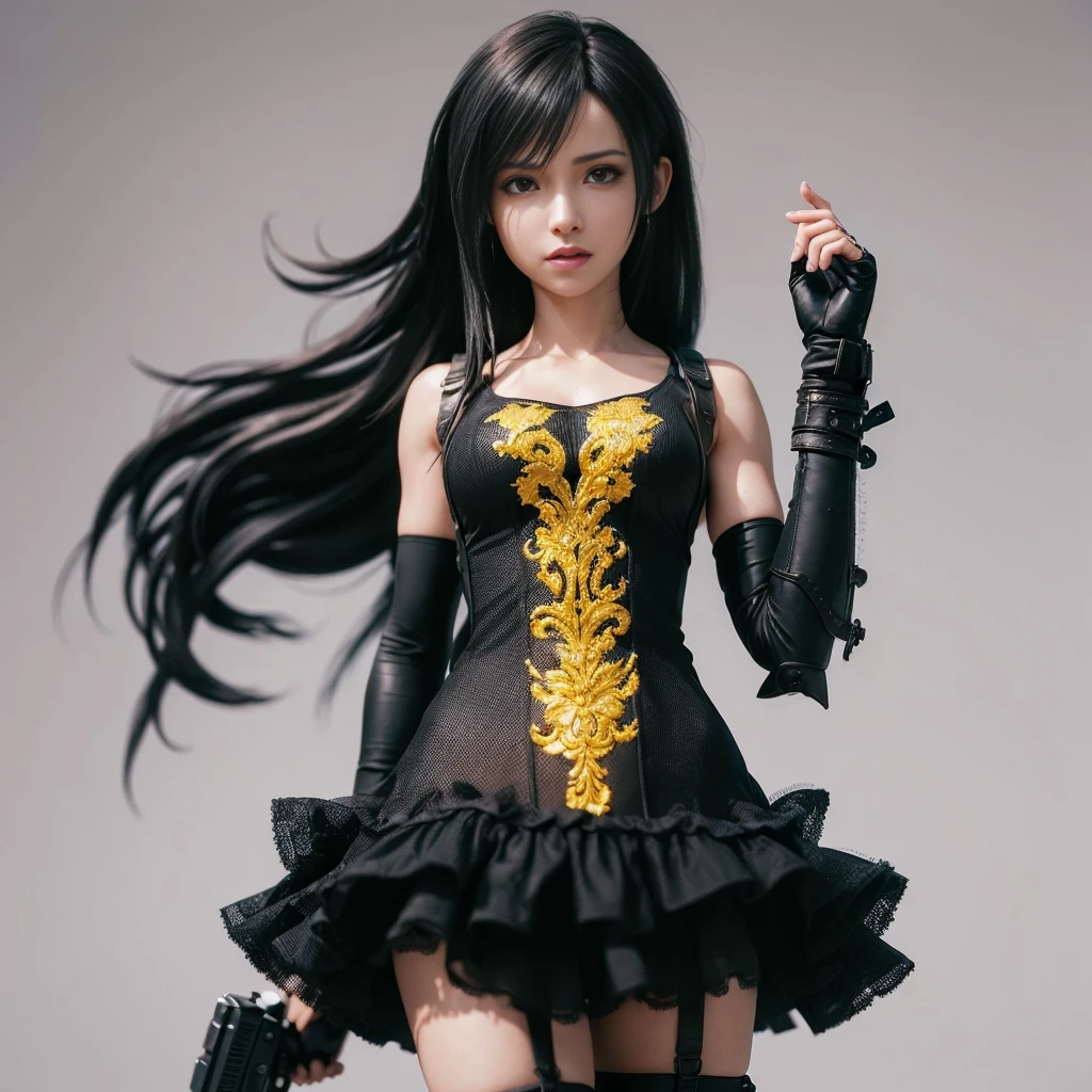 (best quality,ultra-detalhado),(Realistic:1.37),Tifa Lockhart, Rosto bonito e detalhado, maquiagem preta nos olhos, expression of anger, textura ultra realista, rosto delicado, corpo delicado, Fit physique, usando batom e brilho labial