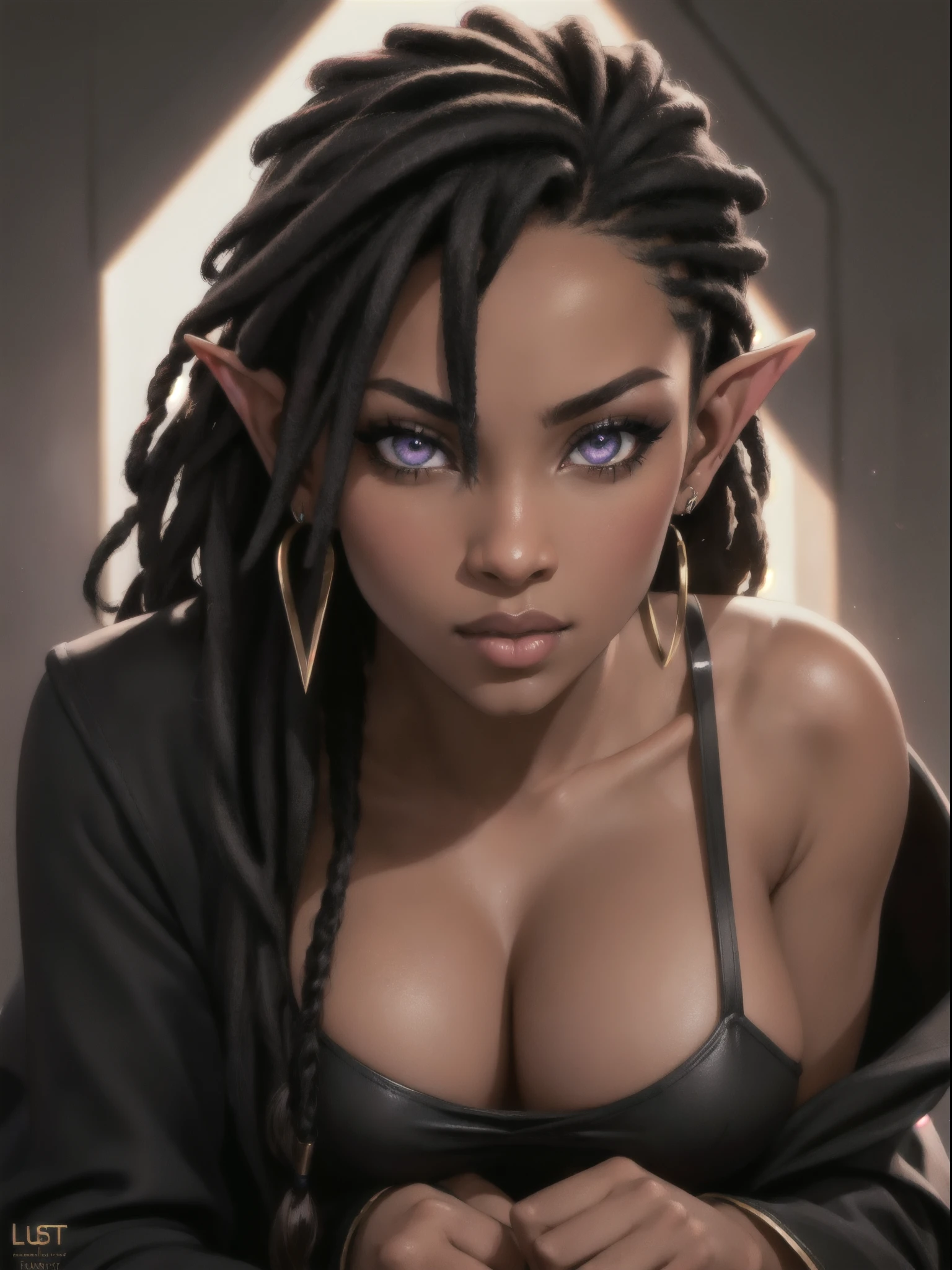 (Concept Art) of an (African-American) female, with dark (black dreadlocks), purple eyes, dark (brown skin), (pointed ears), (slutty assassin), sexy black robe, (lust) demon, (close-up shot), perfect composition, hyper-detailed, 8K, high quality, (perfect eyes), trending art, sharp focus, studio photo, intricate details, (Pin-up) pose, by Matteo Scalera