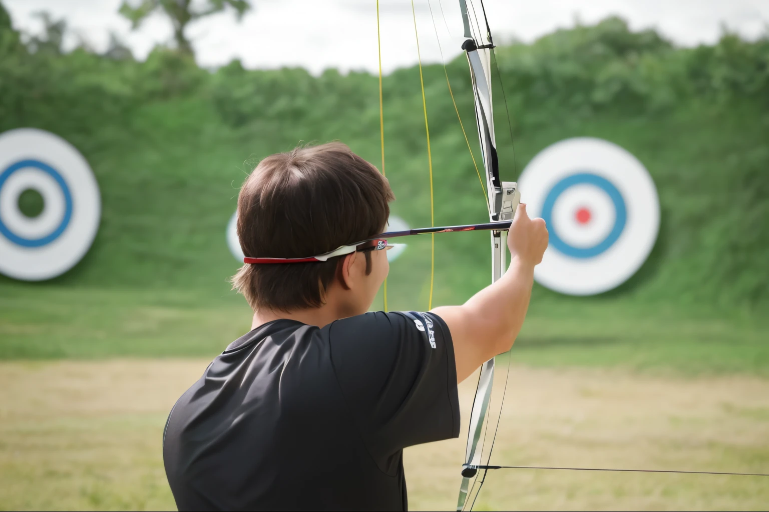 man aiming a bow at a target with a target in the background, aiming a bow and arrow, wielding a bow, holding a bow and arrow, holding a bow, holding bow and arrow, archery, aiming, anime