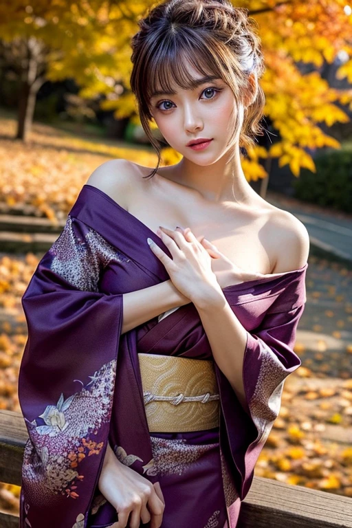 (masutepiece:1.3, Photorealsitic:1.4, 8K), top-quality, ​masterpiece, 超A high resolution, Professional camera work, Grow Light Effect, Realistic portrait, Cinematic Light, Highly detailed skin and facial texture:1.3, Perfect dynamic composition, The ultra-detailliert, A detailed eye, Detailed limbs, autumn night, Lit up, Autumn foliage scenery:1.2, 1girl in, Cute sexy 23 year old slim woman, Fair skin, Autumn leaves are dancing:1.2, (Enraptured look:0.9, Totally captivates you:1.0), (purple kimono:1.35, off shoulders), (voluptuous breasts:0.9), (Facing the front, Calm pose), (Beautiful blue eyes, Eyes that feel beautiful eros:0.85), Sexy face:0.4, (A mouthfeel that feels beautiful eros:0.85), ((Too cute beauty:0.9))