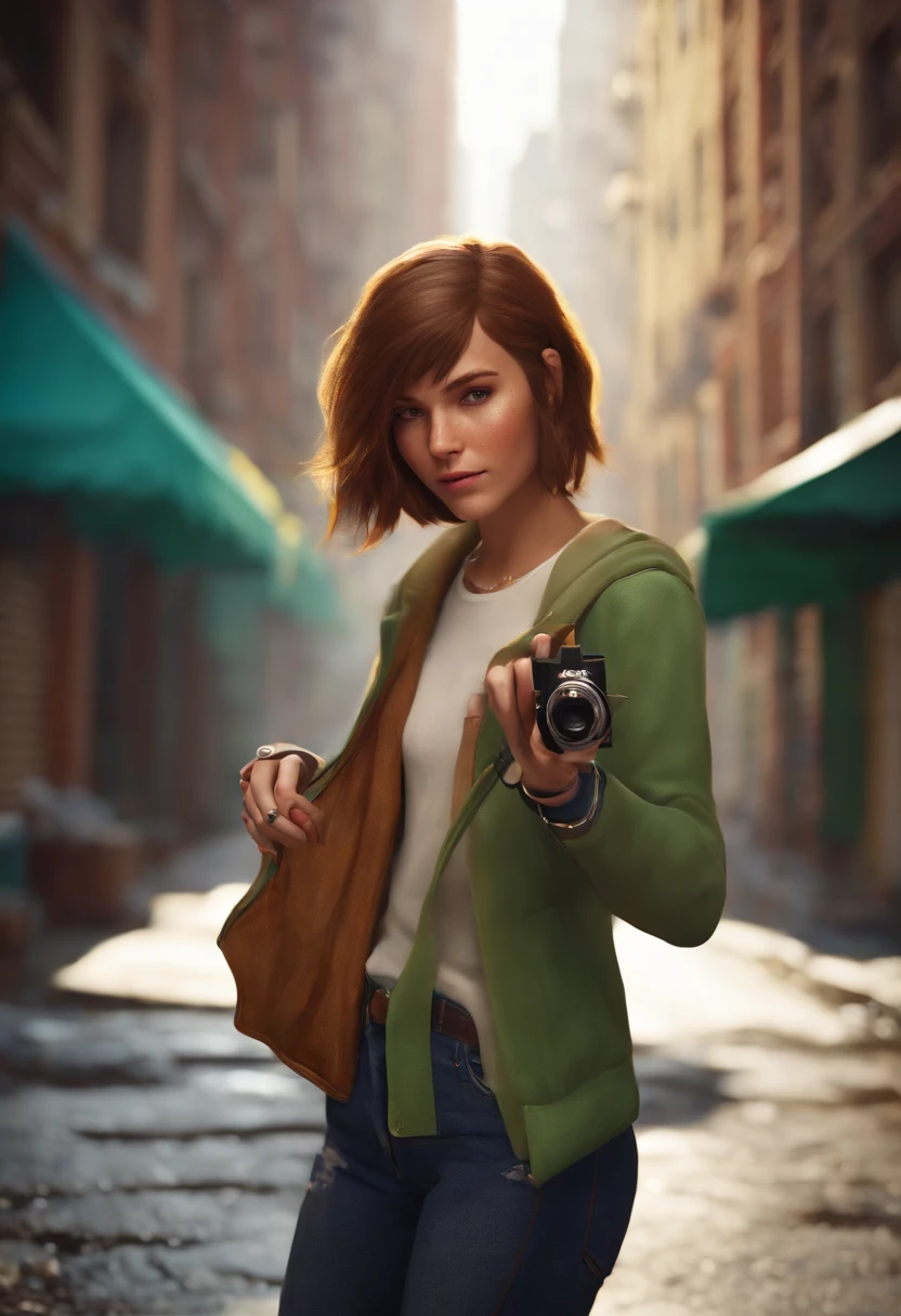 Max is capturing the colorful street art in a bustling city alley with her vintage film camera,Life is Strange video game series,Max is a age girl with short light brown hair, bangs, freckles, green eyes, female