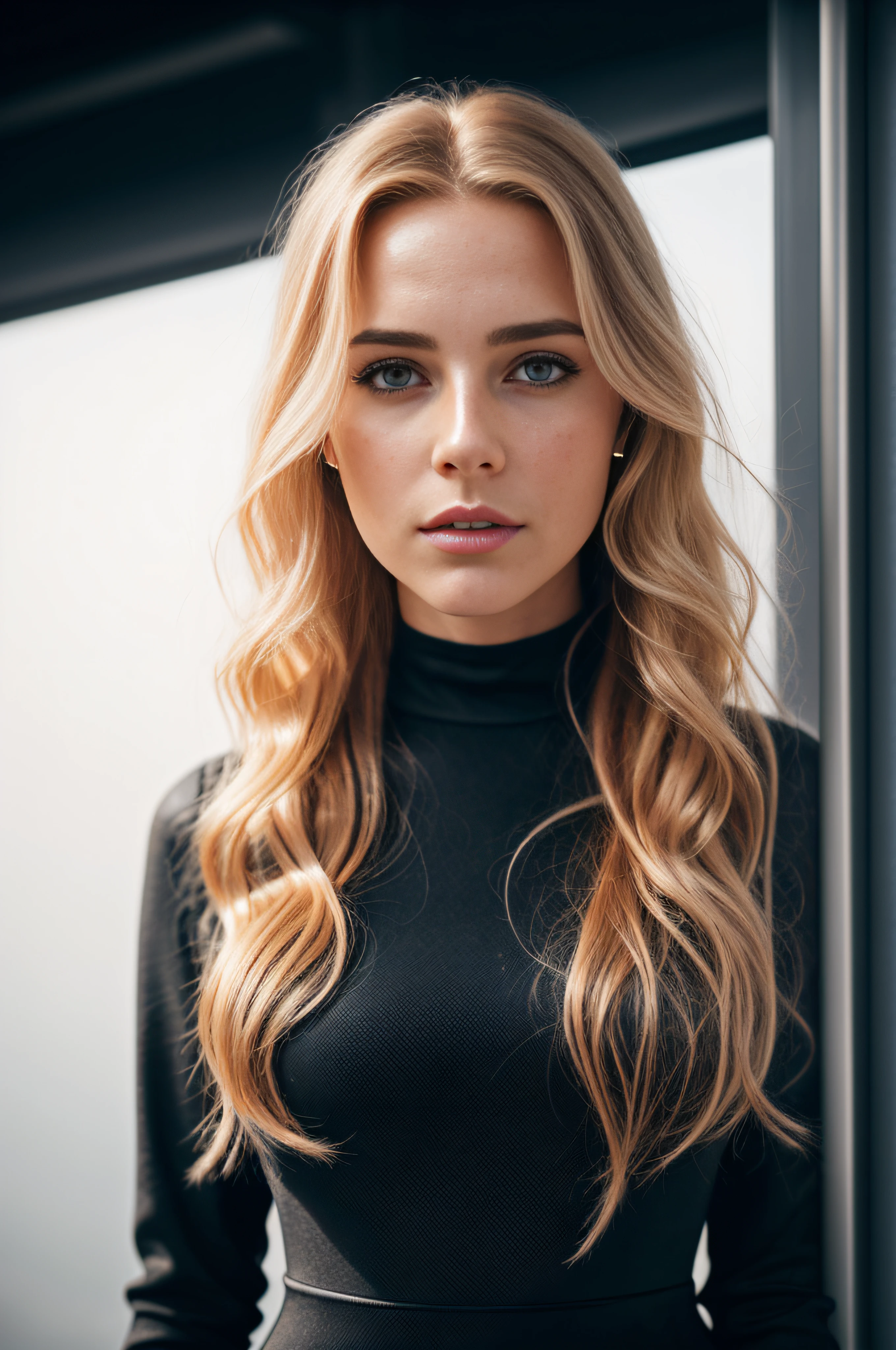 Professional portrait photo of gorgeous Norwegian girl in hot dress, black dress, with long wavy blonde hair, sultry flirty look (freckles), gorgeous symmetrical face, cute natural makeup, in elegant black dress ((standing in a disco)), stunning modern urban environment, ultra-realistic, concept art, elegant, highly detailed, intricate, sharp focus, depth of field, f/1. 8, 85 mm, medium shot, medium shot, (((professional color correction))), bright soft diffused light, (volumetric fog), in Instagram trends, HDR 4K, 8K