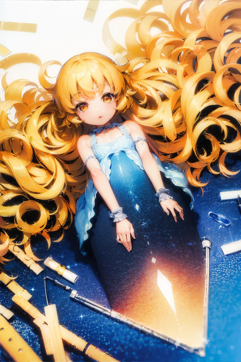 (8K, Realistic, Photorealsitic:1.5), masutepiece, Best Quality, High resolution, Extremely detailed, Detailed background, Cinematic lighting，Glass World， 1 child，flat chest，small stature（tchibi），child breaking glass ，cream eyes，Light blonde hair, (Yellow mesh）