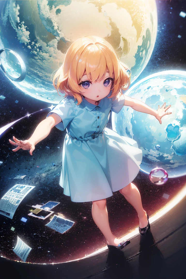 (8K, Realistic, Photorealsitic:1.5), masutepiece, Best Quality, High resolution, Extremely detailed, Detailed background, Cinematic lighting,Glass World, 1 child,flat chest,small stature(tchibi),child breaking glass ,cream eyes,Light blonde hair, (Yellow mesh)