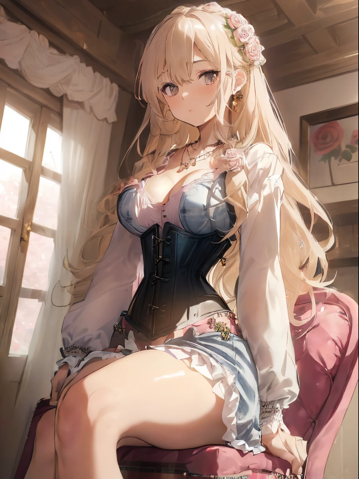 ((Light blonde hair)),((Super long curly hair)),(balloon sleeve long sleeve clothing),(plaid long sleeve tops),((black long vest),((denim type corset)),((Feeling of fatigue and weakness)),((Perspective from below)),Slight red tide,((wearing bold clothes and sitting on a chair)),(Reading)),((A room covered in pink and white roses)),(()),((Cleavage that looks modest)),((Collars and necklaces decorated with roses)),,((Take your eyes off)),(Soft smile)