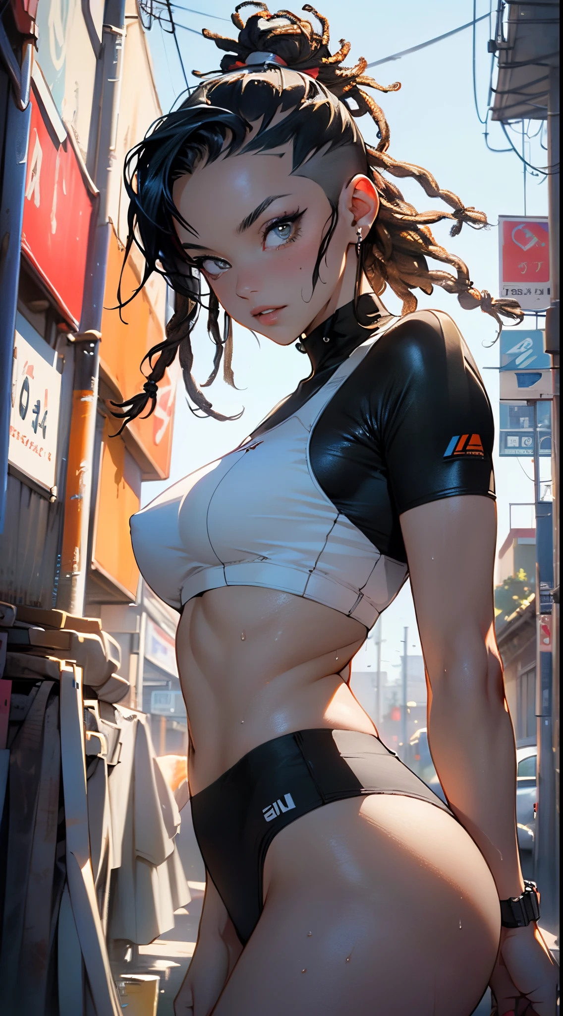 girl sporty,((attractive girl)),
(large breasts:1.4),saggy breasts,(((black hair:1.4,hi-top fade Haircut:1.5,hi-top fade:1.5,ponytail hairstyle with dreadlocks:1.5))),((heterochromia:1.5, (orange_eye and yellow_eye))),intricate eyes,beautiful detailed eyes,symmetrical eyes,((fat))(((lustrous skin:1.5,bright skin: 1.5,skin tanned,shiny skin,very shiny skin,shiny body,plastic glitter skin,exaggerated shiny skin,illuminated skin, wet legs))),(spider lower abdomen,narrow waist,wide hip,athletic body,inflated legs,detailed body,(detailed face)),
cute,slutty,seductive,erotic,(((nsfw))),
((tight sports bra, tight sports panties, (orange and black clothes))),(((underboob))),((wet clothes,intricate outfit,intricate clothes)),
(dynamic pose:1.0),coquette,look of security, determined,(centered,scale to fit dimensions,Rule of thirds),
cyberpunk city by the ocean at night, with bright neon signs and dark stormy clouds and puddles, scenery:1.25,nighttime, starry night, cosmos,Very dark night that makes the neon lights stand out, very bright neon lights,
artistic photography,(photography taken by sldr),highres, sharp focus,(ultra detailed, extremely detailed), (photorealistic artwork:1.37),(extremely detailed CG unity 8k wallpaper),((synthwave background theme)),(((vibrant colors))),intricate,(intricate background),(masterpiece),(best quality),perfect rendered face,perfect face details,realistic face,photo realistic,analog style,((intricate detail)),(((realism))),