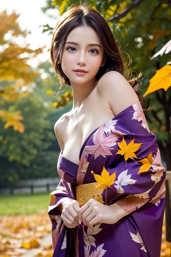 (masutepiece:1.3, Photorealsitic:1.4, 8K), top-quality, masterpiece, 超A high resolution, Professional camera work, Grow Light Effect, Realistic portrait, Cinematic Light, Highly detailed skin and facial texture:1.3, Perfect dynamic composition, The ultra-detailliert, A detailed eye, Detailed limbs, autumnal, Autumn leaves landscape in the evening:1.25, 1girl in, Cute sexy 23 year old slim woman, Fair skin, Autumn leaves are dancing:1.25, (Enraptured look:0.9, Totally captivates you:1.0), (purple kimono:1.31 off shoulder), (Backshots, Calm pose), (voluptuous breasts:0.9), (Beautiful blue eyes, Eyes that feel beautiful eros:0.85), Sexy face:0.4, (A mouthfeel that feels beautiful eros:0.85), ((Too cute beauty:0.9))