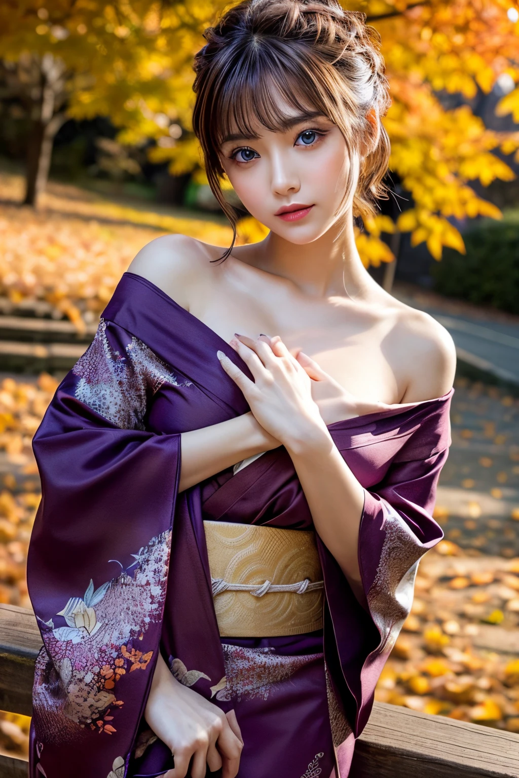 (masutepiece:1.3, Photorealsitic:1.4, 8K), top-quality, ​masterpiece, 超A high resolution, Professional camera work, Grow Light Effect, Realistic portrait, Cinematic Light, Highly detailed skin and facial texture:1.3, Perfect dynamic composition, The ultra-detailliert, A detailed eye, Detailed limbs, autumn night, Lit up, Autumn foliage scenery:1.2, 1girl in, Cute sexy 23 year old slim woman, Fair skin, Autumn leaves are dancing:1.2, (Enraptured look:0.9, Totally captivates you:1.0), (purple kimono:1.35, off shoulders), (voluptuous breasts:0.9), (Facing the front, Calm pose), (Beautiful blue eyes, Eyes that feel beautiful eros:0.85), Sexy face:0.4, (A mouthfeel that feels beautiful eros:0.85), ((Too cute beauty:0.9))