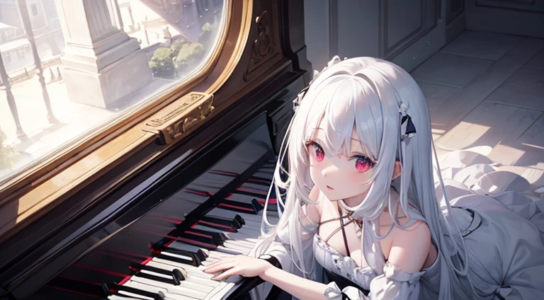 piano. albino girl playing the piano, red eyes, white hair, blue dress, masterpiece