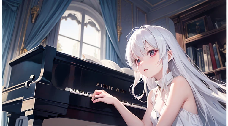 piano. albino girl playing the piano, red eyes, white hair, blue dress, masterpiece