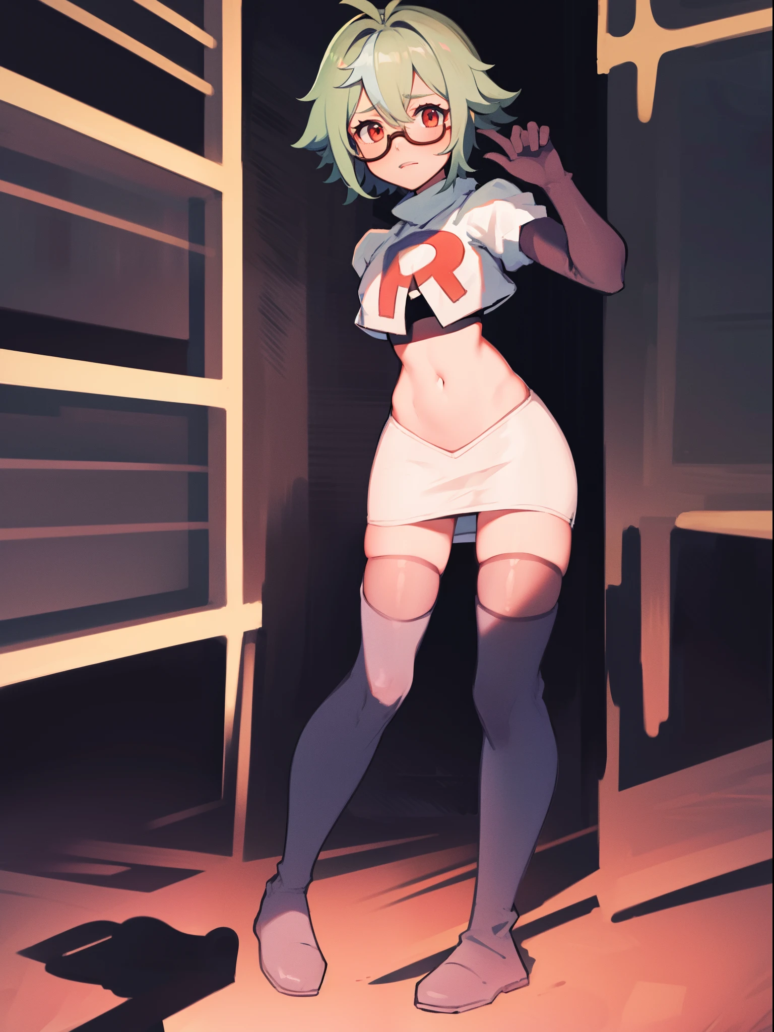 sucrose \(genshin impact\), glasses,team rocket,team rocket uniform, red letter R, white skirt,white crop top,black thigh-highs,black elbow gloves