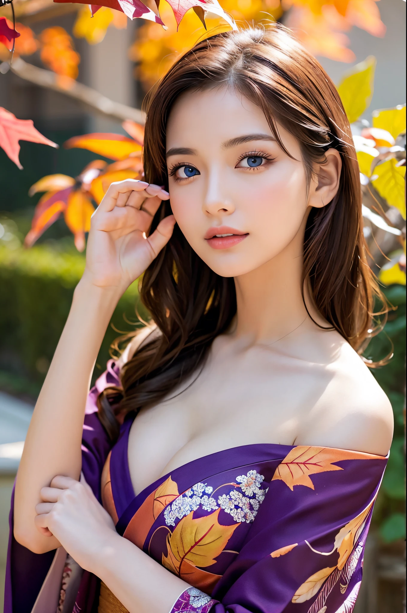 (masutepiece:1.3, Photorealsitic:1.4, 8K), top-quality, masterpiece, 超A high resolution, Professional camera work, Grow Light Effect, Realistic portrait, Cinematic Light, Highly detailed skin and facial texture:1.3, Perfect dynamic composition, The ultra-detailliert, A detailed eye, Detailed limbs, autumnal, Autumn leaves landscape in the evening:1.25, 1girl in, Cute sexy 23 year old slim woman, Fair skin, Autumn leaves are dancing:1.25, (Enraptured look:0.9, Totally captivates you:1.0), (purple kimono:1.31 off shoulder), (Backshots, Calm pose), (voluptuous breasts:0.9), (Beautiful blue eyes, Eyes that feel beautiful eros:0.85), Sexy face:0.4, (A mouthfeel that feels beautiful eros:0.85), ((Too cute beauty:0.9))