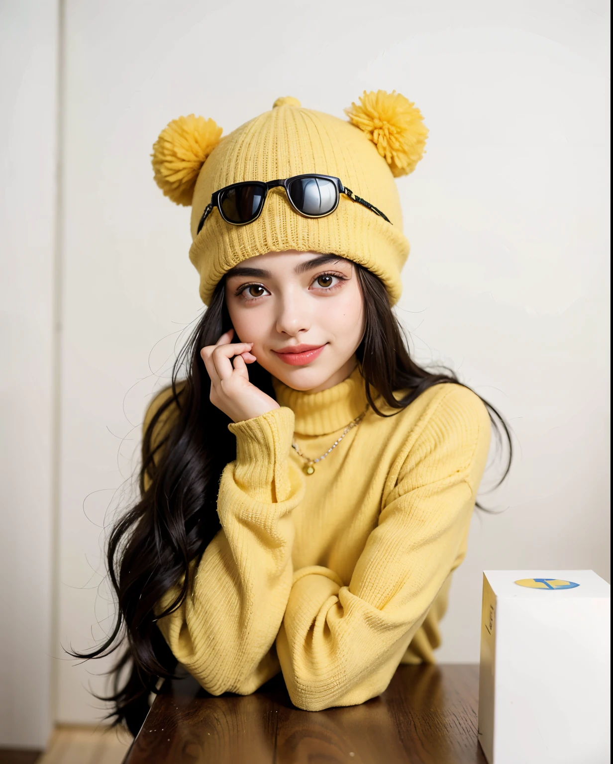 Araffe wearing a yellow sweater and a yellow hat with eyes, estilo loony tunes, Dua Lipa, cara de pato, with a weird hat, pelo amarelo, banana hat, Billie Eilish, yellow cap, with hat, playful grin, sorriso arrogante, 🐿🍸🍋, hot, wearing a chocker and cute hat, Charli XCX |