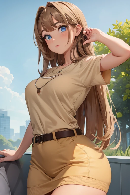(best quality:1.5, highres, UHD, 4K, detailed lighting, shaders), brown wavy hair, gradient hair, large breasts, woman small shirt, small skirt, white panties, pwhite skirt, (pov), full body, white background, colorful eyeshadow, dramatic lighting, sparkling eyes, confident expression, golden earrings, flowing hair, delicate facial features, soft skin, high cheekbones, stylish clothing, urban setting, sitting on the beb at the back, picture at the back, white background