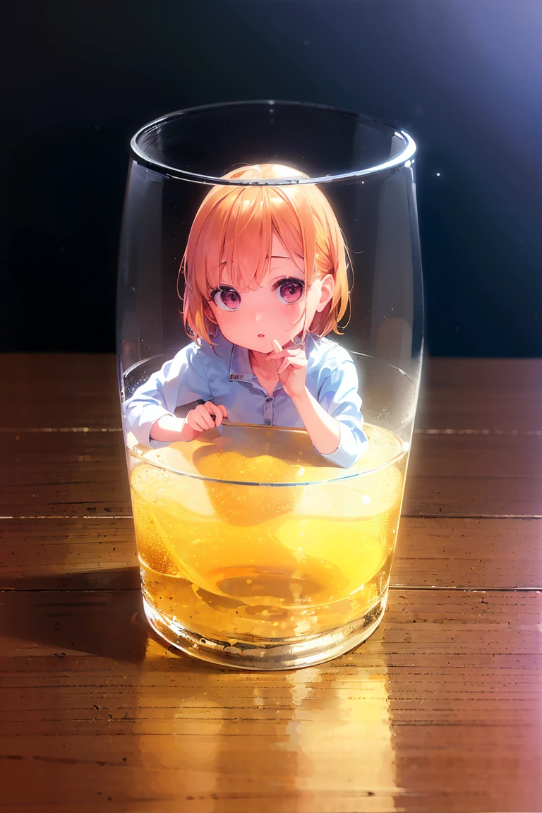 (8K, Realistic, Photorealsitic:1.5), masutepiece, Best Quality, High resolution, Extremely detailed, Detailed background, Cinematic lighting,holding a glass, 1 ,flat chest,small stature(tchibi),child breaking glass ,cream eyes,Light blonde hair, (Yellow mesh)