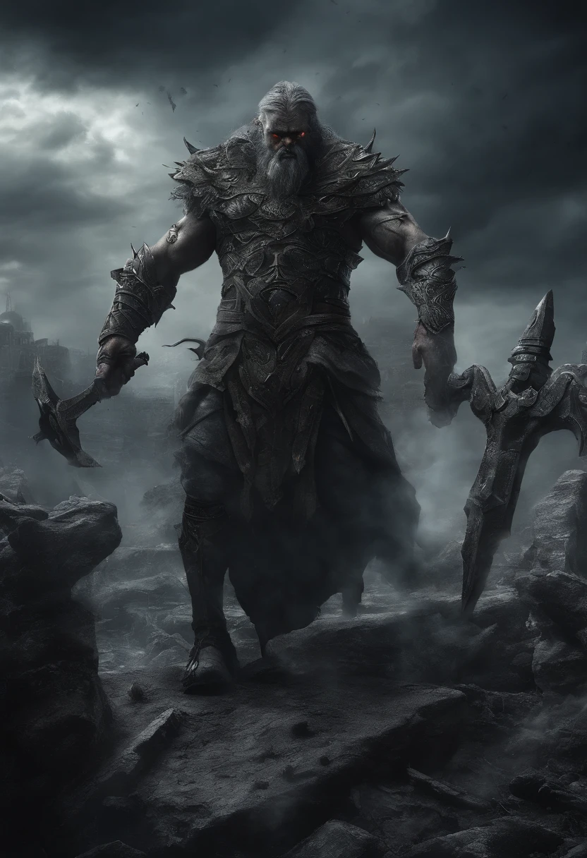(best quality,4k,8k,highres,masterpiece:1.2),ultra-detailed,(realistic,photorealistic,photo-realistic:1.37),god of underground/portrait,underworld,horror,asiatic figure,long hair,long beard,slant eyes,scary,sharp-focus,dark iron sword,dark iron shield,menacing,ominous,haunting,creepy atmosphere,glowing eyes,gods of mythology,underground city,darkness,powerful aura,dark shadows,ethereal,evil deity,mythical being,ominous lighting,piercing gaze,mysterious,cloaked in darkness,magic,menacing presence,divine power,commanding presence,ancient ruins,undead army,ominous clouds,mythical weapon,mystical symbols,heroic pose