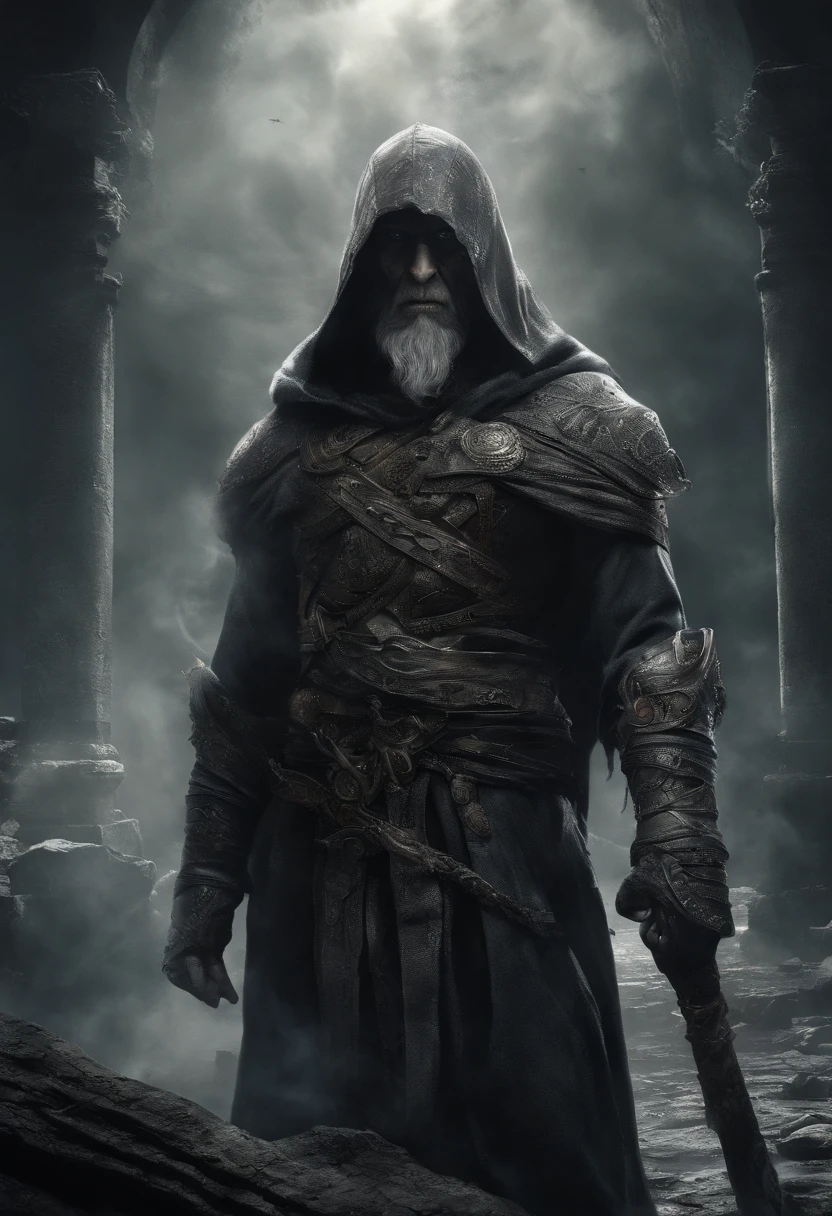 (best quality,4k,8k,highres,masterpiece:1.2),ultra-detailed,(realistic,photorealistic,photo-realistic:1.37),god of underground/portrait,underworld,horror,asiatic figure,long hair,long beard,slant eyes,scary,sharp-focus,dark iron sword,dark iron shield,menacing,ominous,haunting,creepy atmosphere,glowing eyes,gods of mythology,underground city,darkness,powerful aura,dark shadows,ethereal,evil deity,mythical being,ominous lighting,piercing gaze,mysterious,cloaked in darkness,magic,menacing presence,divine power,commanding presence,ancient ruins,undead army,ominous clouds,mythical weapon,mystical symbols,heroic pose