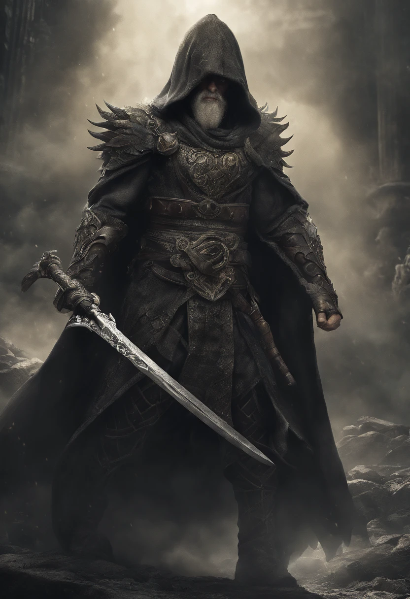 (best quality,4k,8k,highres,masterpiece:1.2),ultra-detailed,(realistic,photorealistic,photo-realistic:1.37),god of underground/portrait,underworld,horror,asiatic figure,long hair,long beard,slant eyes,scary,sharp-focus,dark iron sword,dark iron shield,menacing,ominous,haunting,creepy atmosphere,glowing eyes,gods of mythology,underground city,darkness,powerful aura,dark shadows,ethereal,evil deity,mythical being,ominous lighting,piercing gaze,mysterious,cloaked in darkness,magic,menacing presence,divine power,commanding presence,ancient ruins,undead army,ominous clouds,mythical weapon,mystical symbols,heroic pose