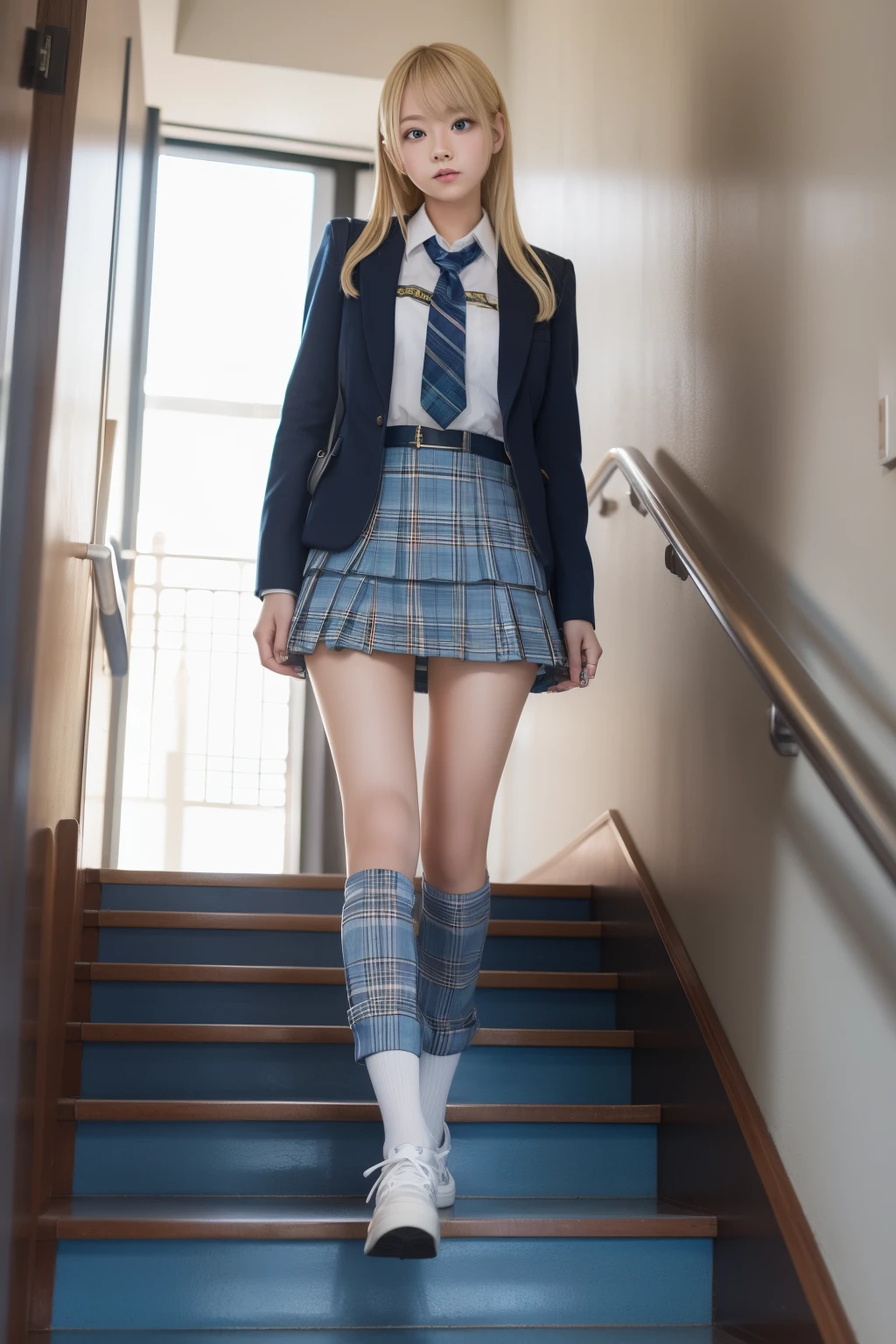 hi-school girl、full body Esbian、、、Blonde long、Disgusting look、long beautiful legs、Miniskirt Uniform、Light blue plaid pants are visible、stairway