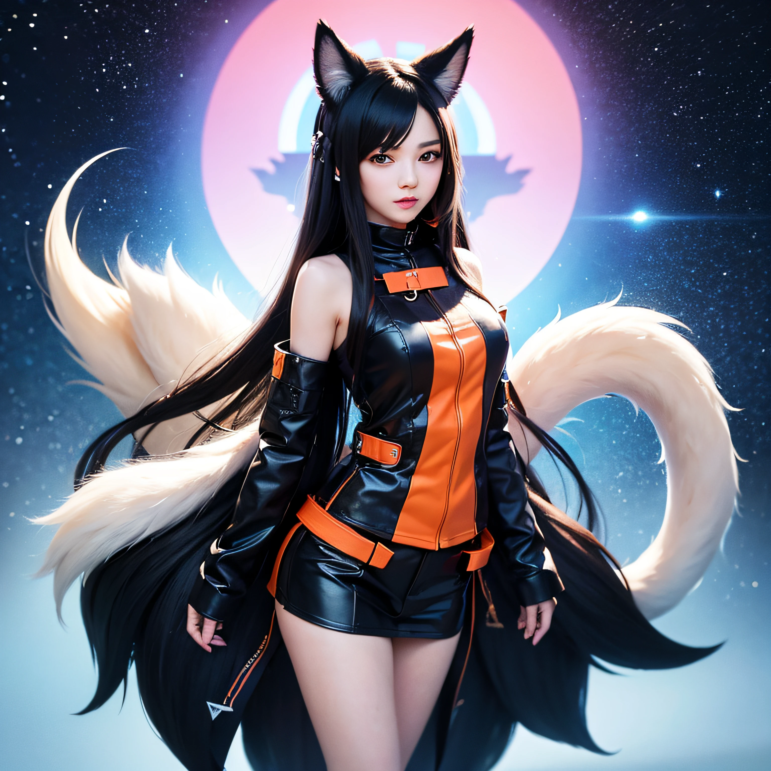 (8k,masterpiece,best quality),ahri, ahri_(league_of_legends), 1girl, absurdres, animal_ears, black_hair, detached_sleeves, distr, facial_mark, fox_ears, fox_tail, hand_up, highres, league_of_legends, long_hair, snowsuit, magic, multiple_tails, white_tails, orange_eyes, parted_lips, solo, standing, tail, full_body, arms behind back