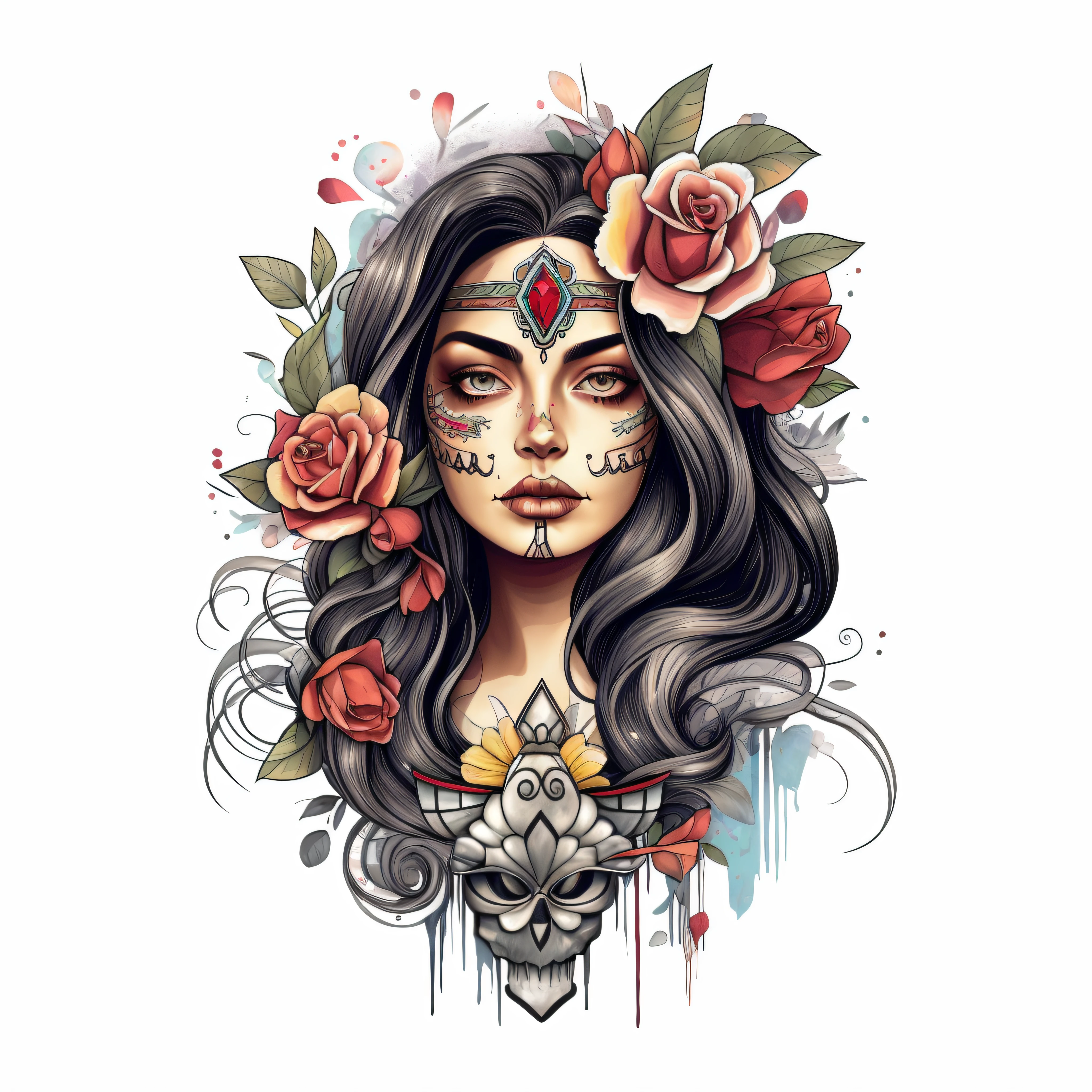 a close-up of a woman with a skull face and flowers, colorful illustration for tattoo, Aztec princess portrait, anime skull portrait woman, colorful digital illustration, Bela arte UHD 4K, in digital illustration style, queen of the dead, by Eddie Mendoza, by Dave Arredondo, detailed digital art in 4k, about detailed art, a Catrina