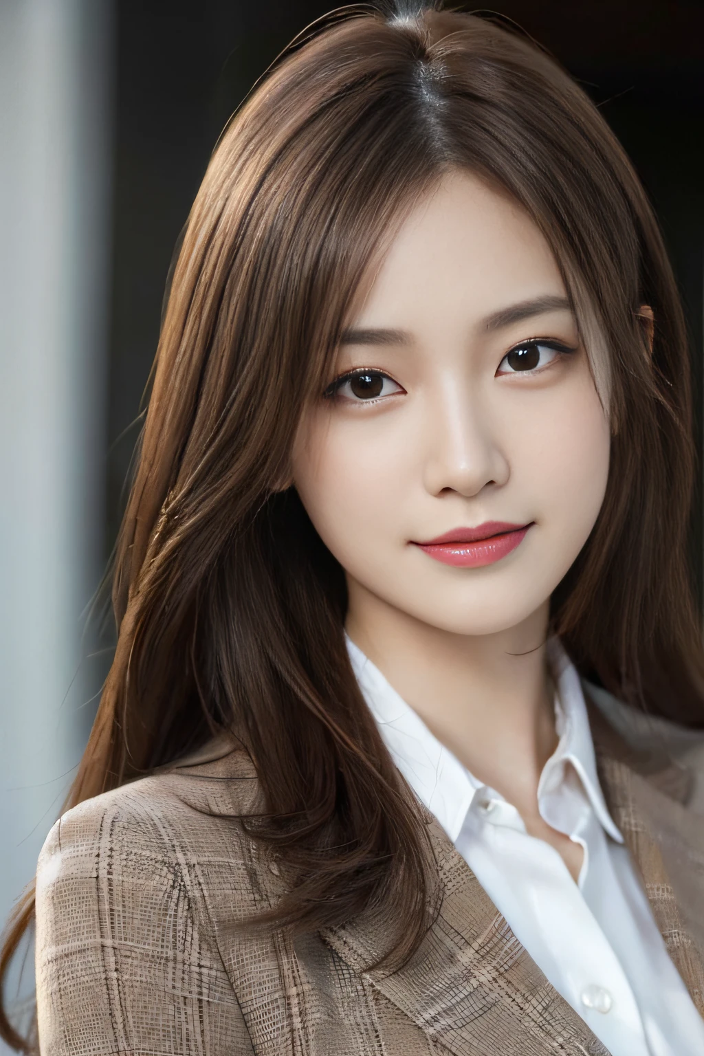 masutepiece, Best Quality, Photorealistic, Ultra-detailed, finely detail, High resolution, 8K Wallpaper, 1 beautiful woman,, light brown messy hair, in a business suit, foco nítido, Perfect dynamic composition, Beautiful detailed eyes, detailed hairs, Detailed realistic skin texture, Smiling, Close-up portrait, Model body type