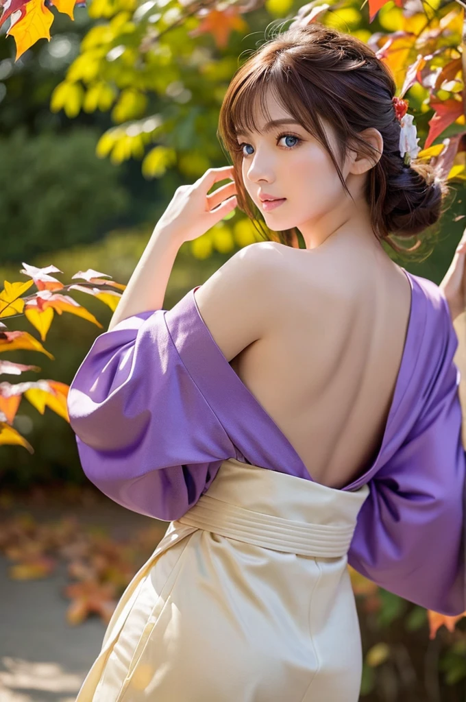 (masutepiece:1.3, Photorealsitic:1.4, 8K), top-quality, ​masterpiece, 超A high resolution, Professional camera work, Grow Light Effect, Realistic portrait, Cinematic Light, Highly detailed skin and facial texture:1.3, Perfect dynamic composition, The ultra-detailliert, A detailed eye, Detailed limbs, autumnal, Autumn leaves landscape in the evening:1.25, 1girl in, Cute sexy 23 year old slim woman, Fair skin, Autumn leaves are dancing:1.25, (Enraptured look:0.9, Totally captivates you:1.0), (Purple kimono:1.31 Only shoulders and scapula exposed), (Backshots, Calm pose), (voluptuous breasts:0.9), (Beautiful blue eyes, Eyes that feel beautiful eros:0.85), Sexy face:0.4, (A mouthfeel that feels beautiful eros:0.85), ((Too cute beauty:0.9))