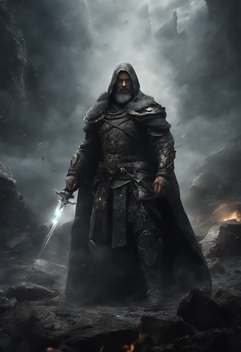 (best quality,4k,8k,highres,masterpiece:1.2),ultra-detailed,(realistic,photorealistic,photo-realistic:1.37),darkness,mysterious,ominous,glowing eyes,abstract background,menacing silhouette,dramatic lighting,shadows,black-and-white,god-like figure,flying debris,fierce expression,deathly symbol,smoke,thick beard,long flowing hair,armor,weaponry,dark cloak,intense battle,mythical powers,eternal darkness,cavernous setting,commanding presence,aura of power.