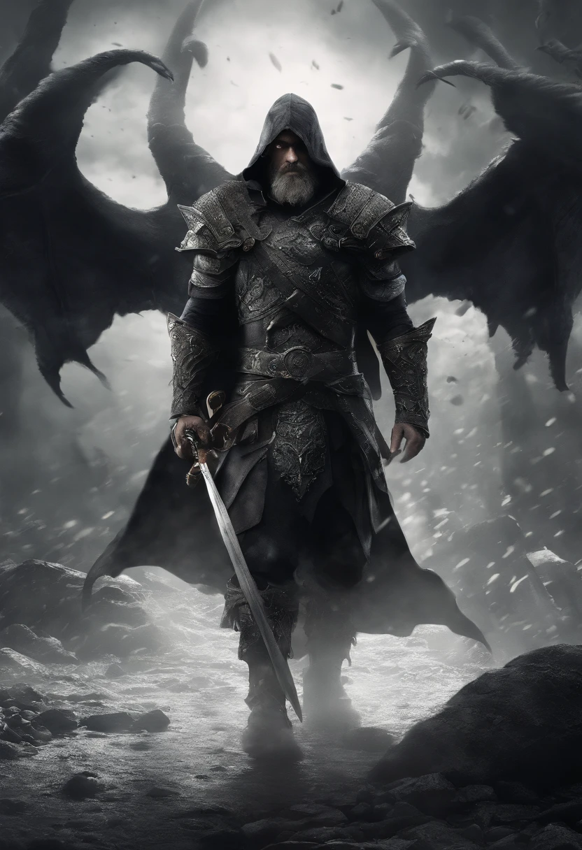 (best quality,4k,8k,highres,masterpiece:1.2),ultra-detailed,(realistic,photorealistic,photo-realistic:1.37),darkness,mysterious,ominous,glowing eyes,abstract background,menacing silhouette,dramatic lighting,shadows,black-and-white,god-like figure,flying debris,fierce expression,deathly symbol,smoke,thick beard,long flowing hair,armor,weaponry,dark cloak,intense battle,mythical powers,eternal darkness,cavernous setting,commanding presence,aura of power.