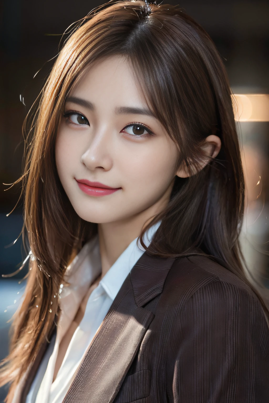 masutepiece, Best Quality, Photorealistic, Ultra-detailed, finely detail, High resolution, 8K Wallpaper, 1 beautiful woman,, light brown messy hair, in a business suit, foco nítido, Perfect dynamic composition, Beautiful detailed eyes, detailed hairs, Detailed realistic skin texture, Smiling, Close-up portrait, Model body type