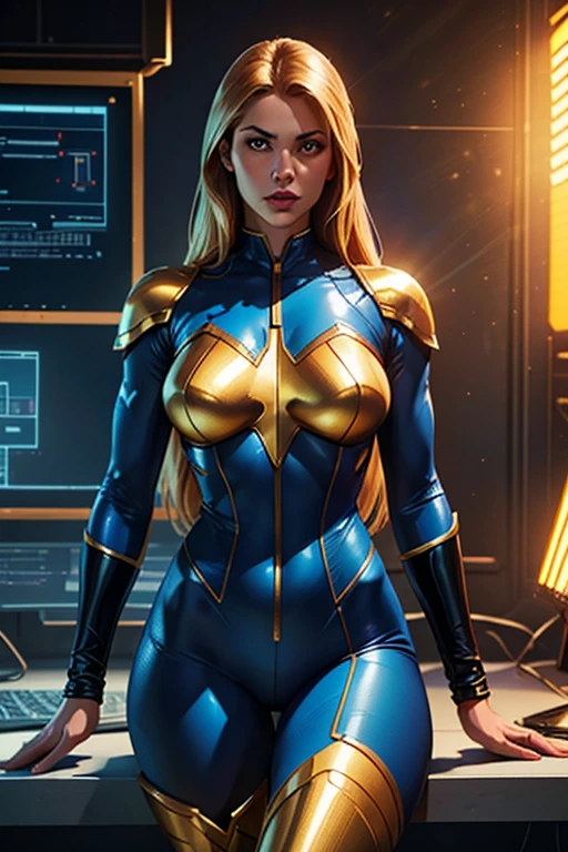 (ultra-detailed,realistic), woman, super hero, long hair, blue and golden nylon suit, hi-tech accessories, over knee boots, sci-fi scenario, vivid colors, studio lighting, sharp focus, concept artists, portraits,Physically-based rendering