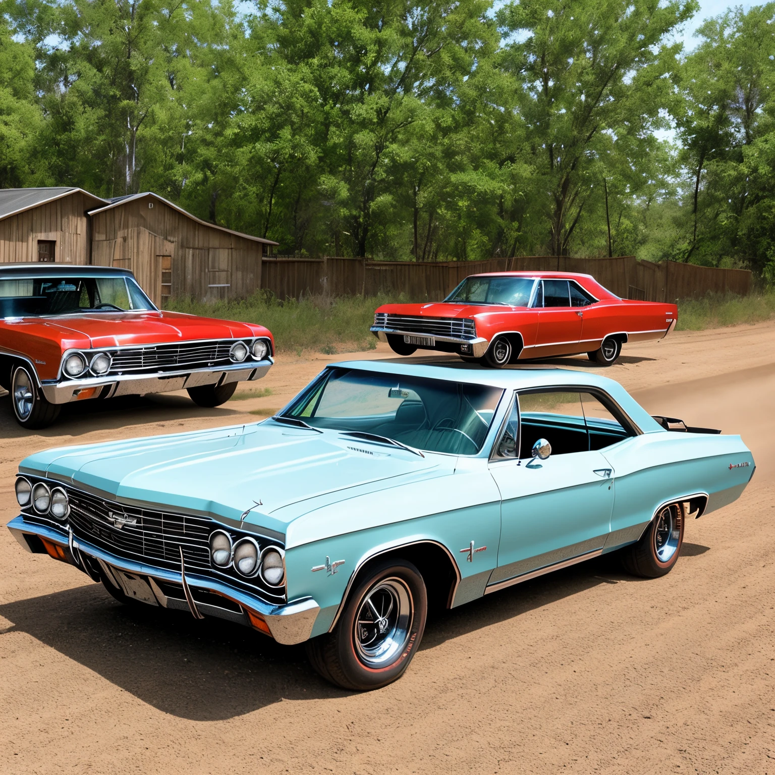 1967 Chevy Impala with a cruiser motorcycle next to it on a dirt road