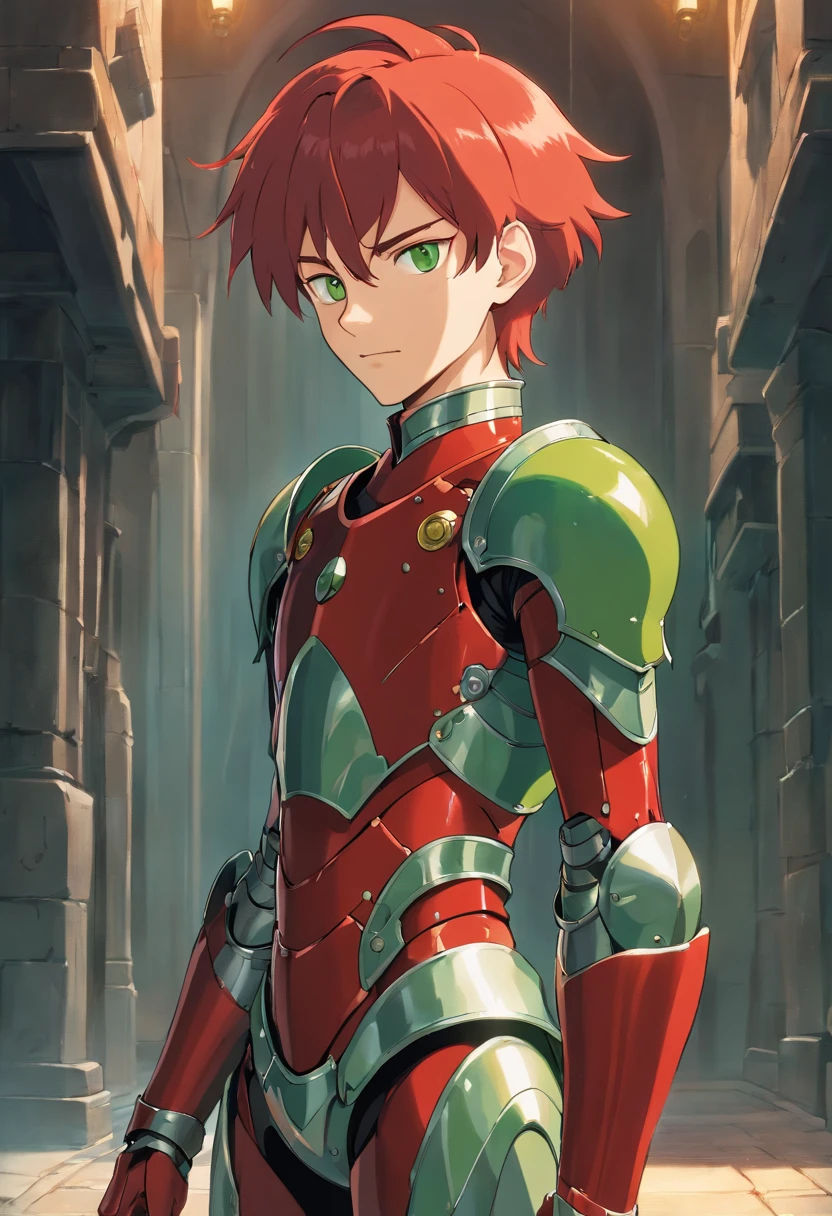 ((masterpiece)), ((best quality)), ((highres)), young man, tall, thin, red hair, slicked back hair, smirking, liquid metal armour, full body armour, green eyes, standing, full body