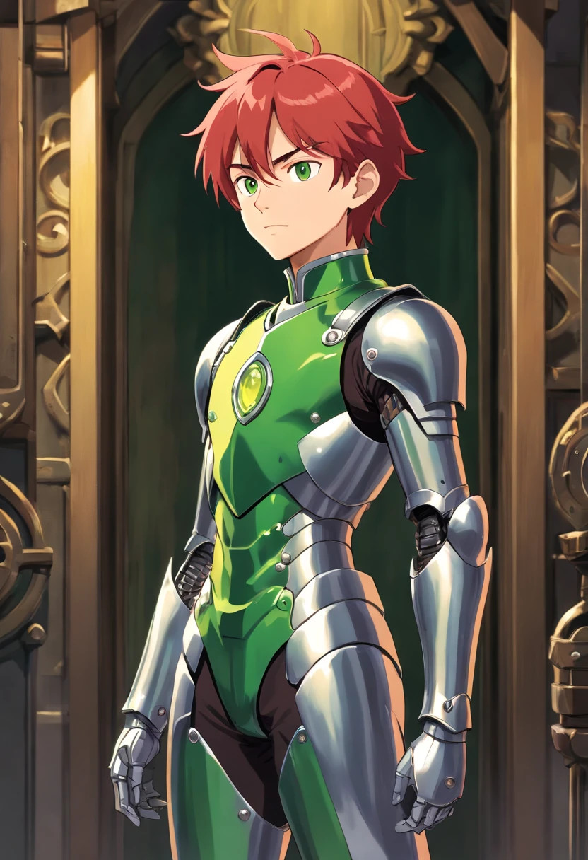 ((masterpiece)), ((best quality)), ((highres)), young man, tall, thin, red hair, slicked back hair, smirking, liquid metal armour, full body armour, green eyes, standing, full body