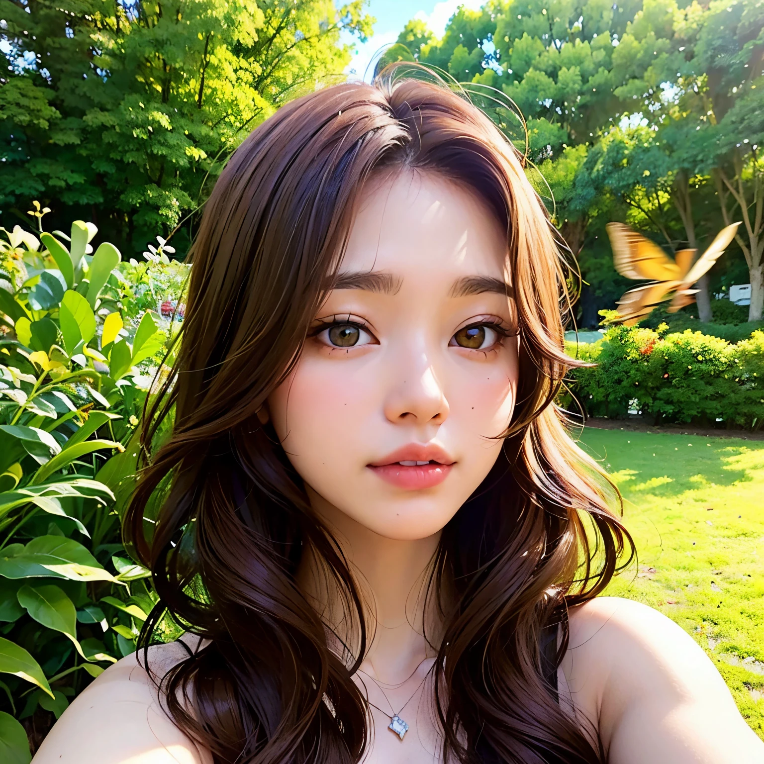 Girl with brown wavy hair, hyperrealistic photo of cute brown girl, ojos verdes, selfie, muchas flores y mariposas.