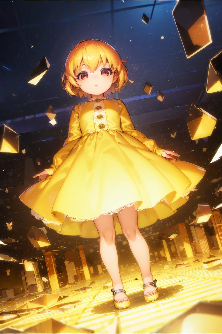 (8K, Realistic, Photorealsitic:1.5), masutepiece, Best Quality, High resolution, Extremely detailed, Detailed background, Cinematic lighting,Glass World, 1 child,flat chest,small stature(tchibi),child breaking glass ,cream eyes,Light blonde hair, (Yellow mesh)
