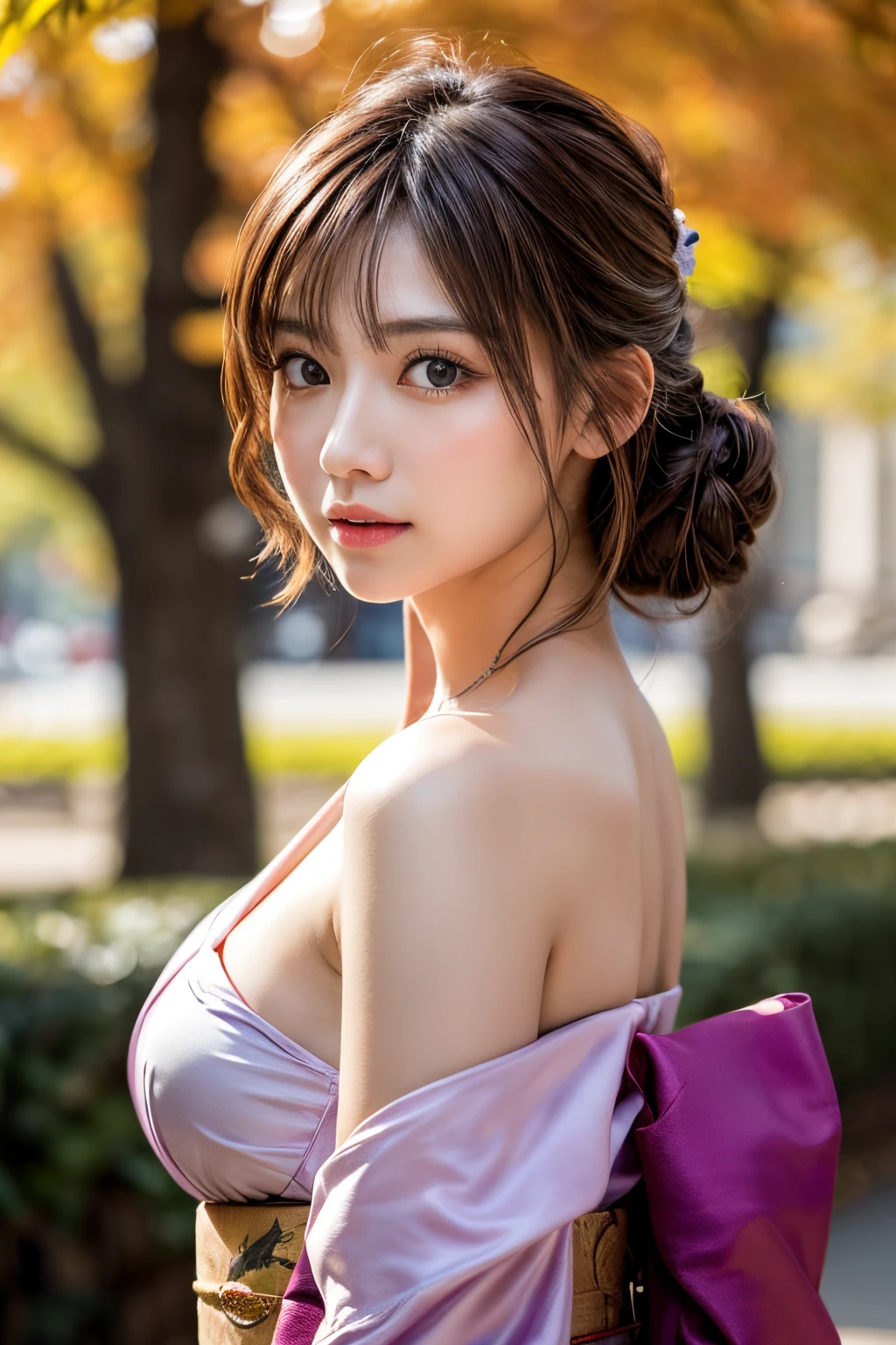 (masutepiece:1.3, Photorealsitic:1.4, 8K), top-quality, masterpiece, 超A high resolution, Professional camera work, Grow Light Effect, Realistic portrait, Cinematic Light, Highly detailed skin and facial texture:1.3, Perfect dynamic composition, The ultra-detailliert, A detailed eye, Detailed limbs, autumn night, Lit up, Autumn foliage scenery:1.2, 1girl in, Cute sexy 23 year old slim woman, Fair skin, Autumn leaves are dancing:1.2, (Enraptured look:0.9, Totally captivates you:1.0), (Purple kimono:1.35 off shoulder), (voluptuous breasts:0.9), (Facing the front, Calm pose), (Beautiful blue eyes, Eyes that feel beautiful eros:0.85), Sexy face:0.4, (A mouthfeel that feels beautiful eros:0.85), ((Too cute beauty:0.9))