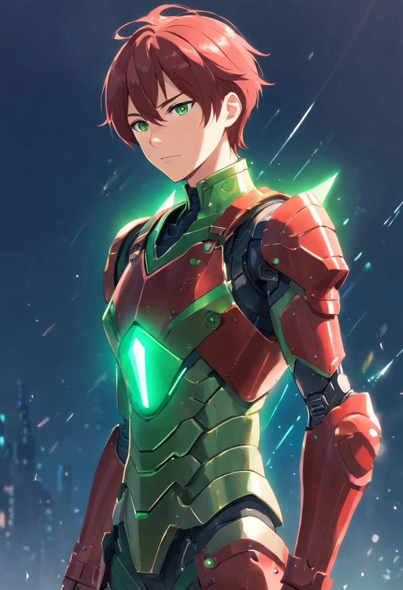 ((masterpiece)), ((best quality)), ((highres)), young man, tall, thin, red hair, slicked back hair, smirking, liquid metal armour, full body armour, green eyes, standing, full body