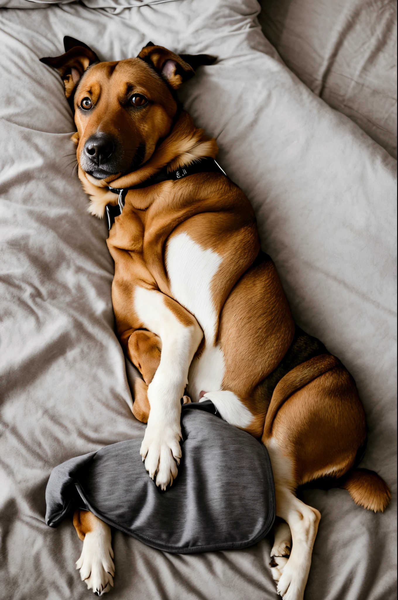 A dog lying on its back on a bed